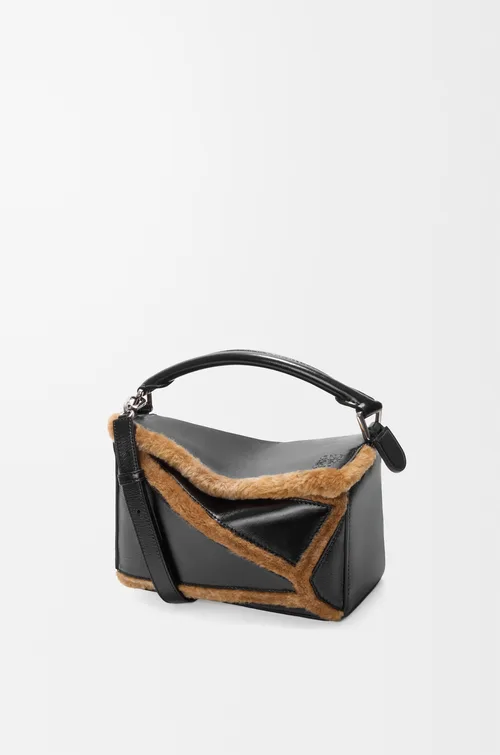 LOEWE Small Puzzle Aviator bag in glossy lambskin and shearling — manufacturer gallery